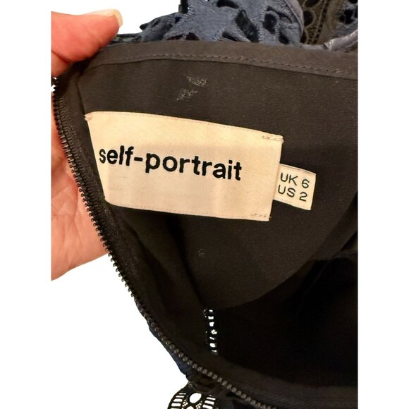 Self Portrait Navy Blue Black High Neck Star Lace Mini Dress - Size XS - Picture 7 of 7